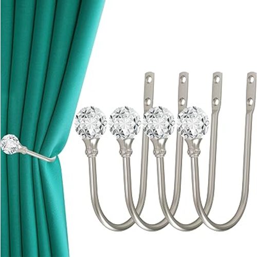 Curtain Holdback, 4Pcs Wall Mounted Drapery Tiebacks with Clear Crystal Ball, Heavy Duty Metal Decorative Window Drapery Curtain Holder Curtain Hooks with Screws, Sliver