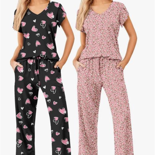 Ekouaer 2 Pack Womens Pajamas Short Sleeve Sleepwear Top with Pants Super-Soft Printed Lounge Sets S-XXL