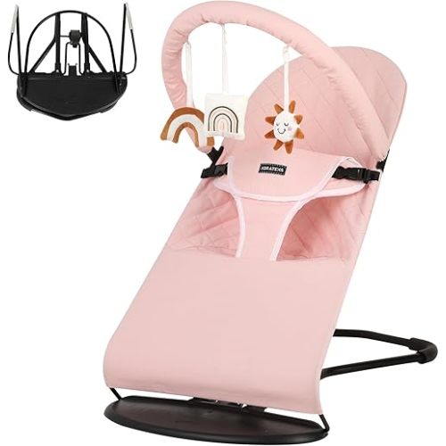 Baby Bouncer - Portable Baby Bouncer, 3 Adjustable Multi Position Baby Bouncer Seat, Baby Rocker Chair, 100% Cotton Fabric Seat, Infant Bouncer with Hanging Toys Bar, Pink