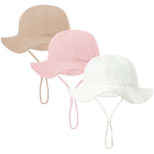 Bocaoying 3 Pack Baby Sun Hat with UPF 50+ Sun Protection, Wide Brim Muslin Fisherman Sunhat for Infants 3-12 Months, Windproof Sun Hat with Adjustable Chin Strap for Boys Girls Beach Park