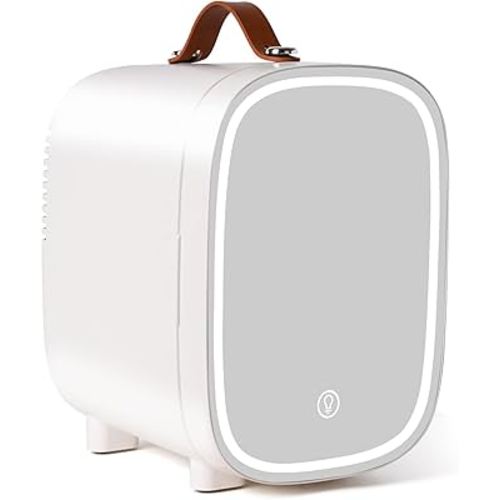 Mini Fridge for Bedroom, 4 Liter/6 Can Skincare Fridge With LED Mirror,12v AC/DC Cooler & Warmer Portable Small Refrigerator for Drinks, Makeup, Dorm, Office and Car(White)