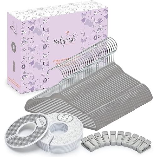 Velvet Baby Hangers 30 Pack, Ultra Thin Nonslip Nursery Clothes Hangers with 8pcs Cute Clothing Dividers and 10pcs Hanger Clips for Kids Baby Boys & Girls Closet Organizer, Grey