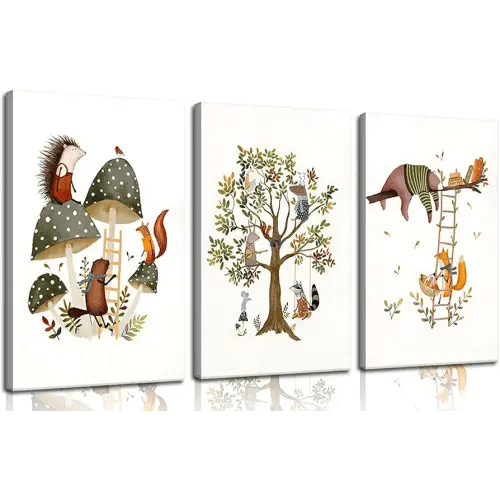 3Pcs Woodland Safari Animals Nursery Canvas Wall Art Baby Jungle Small Animal Wall Decor Pictures Tree Bear Rabbit Fox Hedgehog Kids Posters Prints for Classroom Children Bedroom Decoration