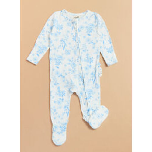 Sierra Floral Ruffle Footie in Ivory & Blue | Tullabee