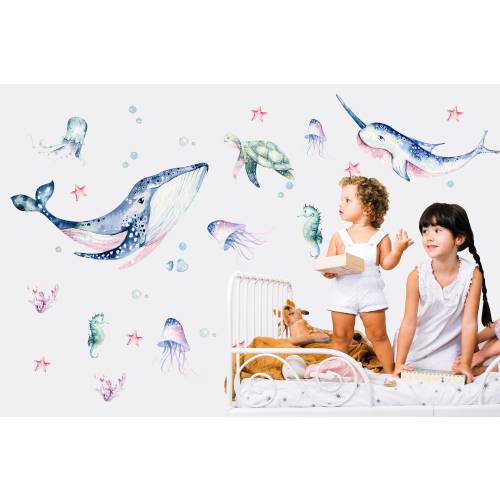 Ocean Animals Wall Decal for Kids, Watercolor Whale Decal, Undersea Kid&#39;s Wall Stickers