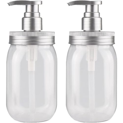 Qeuly 16oz Soap Dispenser, 2 Pack Plastic Pump Bottle Dispenser, Refillable Wide Mouth Jar Style Bathroom/Kitchen Containers for Shampoo, Conditioner, Body Wash, Lotion, Hand Soap & Dish Soap