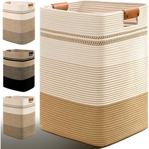 Laundry Hamper, 85L Tall Laundry Basket with Leather Handles, Rectangle Large Clothes Hamper for Organizing, Cotton Woven Laundry Baskets Storage Hampers for Bedroom, Nursery, Living Room