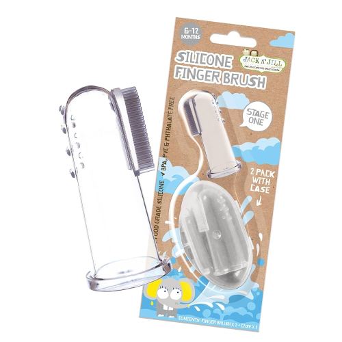Jack N' Jill Stage 1 Silicone Finger Toothbrush - Baby Toothbrush 6 to 12 Months, Baby Oral Cleaner, Travel Size - Two Brushes Plus Case, (Pack of 1)