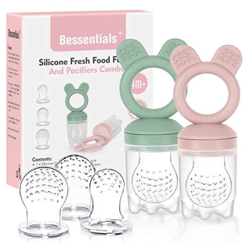 Baby Fruit Food Feeder Pacifier - 2 Packs Silicone Fresh Fruit Feeder BPA Free [3 Sizes Silicone Food Pouches Included] (Light Pink & Grass Green)