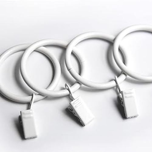 Set of 14 White Iron Metal Curtain Rings with Clips, Drapery Clips Hooks, Curtain Clips with Rings Cafe Curtain Clips, Ring Clips to Hang Curtains,1.25 Inch Interior Diameter (White)