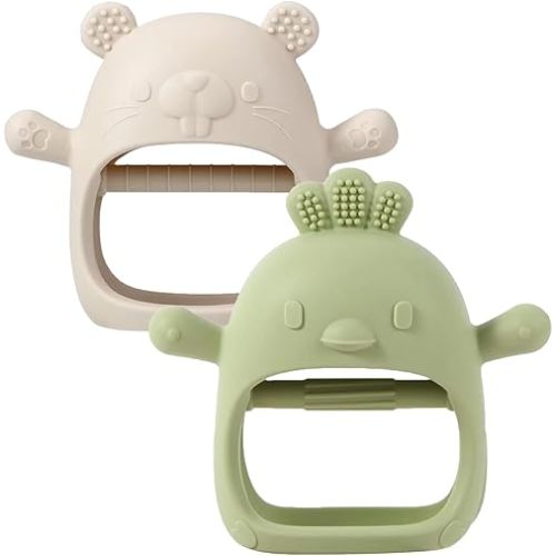 2 Pack Baby Teether Toy, BPA Free Silicone Mitten Glove Teether for Sucking Needs, Baby Teething Toys 0-3-6-12 Months, Hand Pacifier Chew Toys for Teething Pain Relief (Green & Beige)