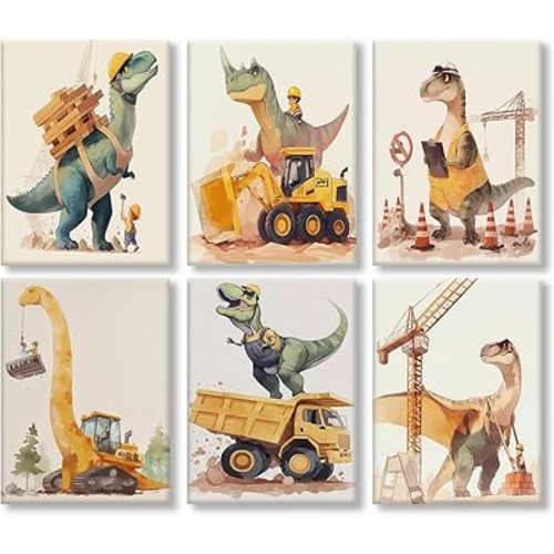 Cute Dinosaur Nursery Canvas Wall Art Construction Trucks and T-Rex Painting Picture Kids Boys Room Wall Decor Funny Dino Vehicles Poster Prints Artwork for Playroom Toddler Room Bedroom Home Decor