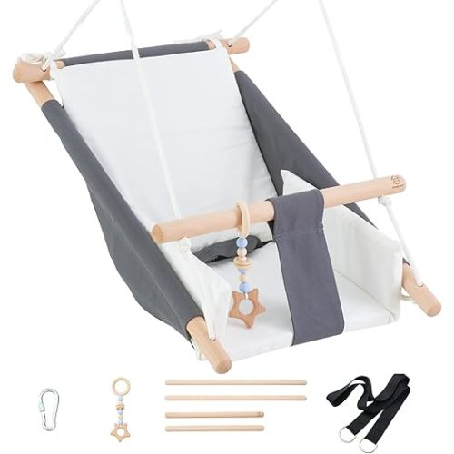 Comfortable Baby Swing Bed, Secure Canvas and Wooden Hanging Swing Chair for Baby, Infant, Toddler, Kids Toys, Indoor Outdoor Hammock for Indoor Playground, Tree Swings or Backyard, D2