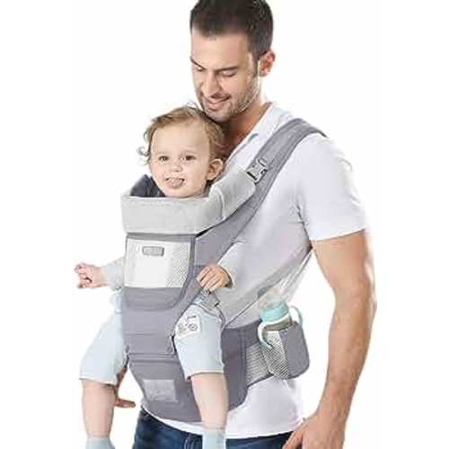 Baby Carrier Ergonomic Infant Carrier with Hip Seat Kangaroo Bag Soft Baby Carrier Newborn to Toddler 7-45lbs Front and Back Baby Holder Carrier for Men Dad Mom (Grey)