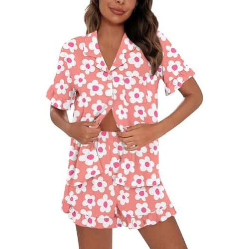 SWOMOG Woman Pajama Set Short Sleeve Pjs Set 2Pcs Short Pajamas Button Down Ruffle Hem Sleepwear Soft Modal Loungewear