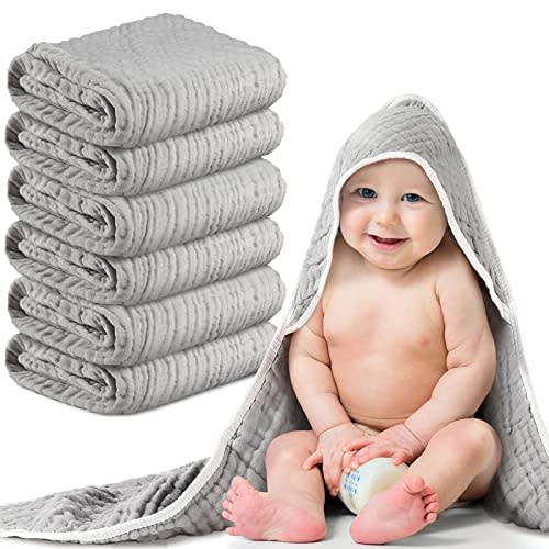 Chumia 6 Pieces Muslin Hooded Baby Towels for Newborn Girls Boys 32"x 32" Cotton Infant Bath Towel Absorbent Unisex Hooded Blankets for Babies Toddler, Newborn Registry Baby Gift (Light Gray)