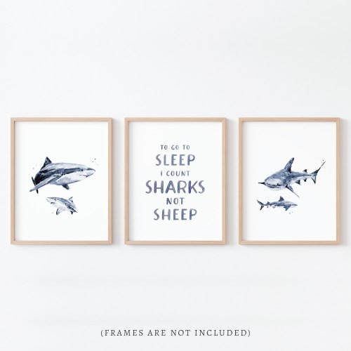 Count Sharks Not Sheep Shark Watercolor Art 3 Print Set for Nautical Nursery