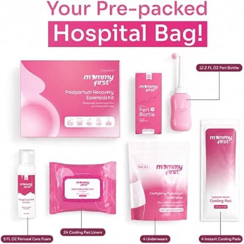 Mommy First® Postpartum Essentials Recovery Kit – Next-Gen Perineal Ice Packs, Alcohol-Free Witch Hazel Healing Foam and Liners, Upside Down Peri Bottle & Postpartum Underwear for Postpartum Recovery