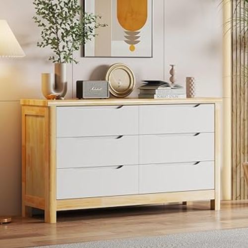 Tomile 6 Drawer Dresser, Large Double Solid Wood Dresser Modern Dresser Drawer Organizer with 6 Chest of Drawers for Bedroom, Kids Bedroom, Living Room, Hallway, White