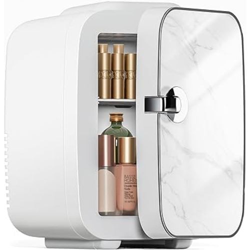 Sweetcrispy Mini Fridge, Portable Small Refrigerator 4L/6 Can Cooler & Warmer Compact Fridge for SkinCare, Food and Drinks, Small Fridge for Bedroom, Dorm, Car, Office, Marble White