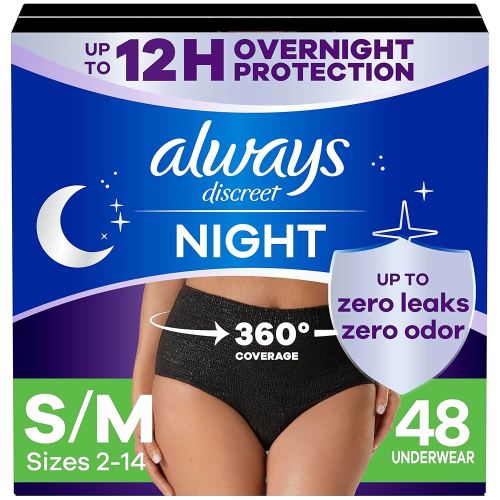 Always Discreet Overnight Adult Incontinence & Postpartum Bladder Leak Underwear for Women, Disposable, Small/Medium, 48 Count (3 Packs of 16)