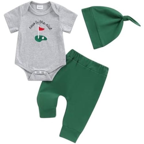 Omkzanbi New to the Club Baby Boy Golf Outfit Daddy's Little Caddy Embroidery Romper Jogger Pants Hat 3Pcs Coming Home Outfit