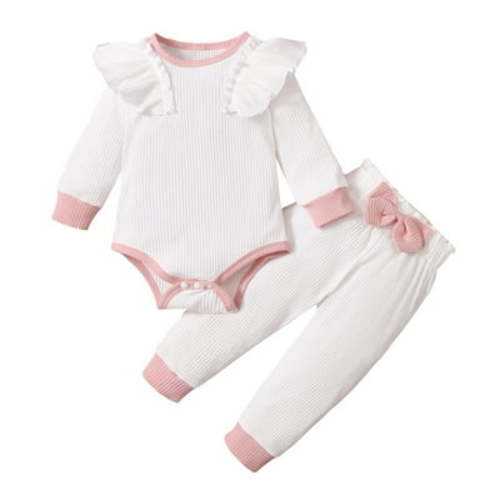Atogsazn Infant Baby Girls Clothes Outfits Toddler Ruffles Long Sleeve Romper Bodysuit Pants Set Fall Winter Clothes B-White 3-6 Months on Clearance