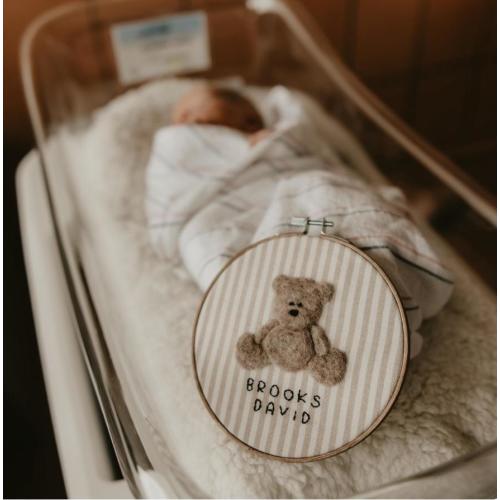 Needle felted teddy bear Embroidered name hoop Baby birth announcement Personalized embroidery nursery decor Custom newborn gift Wall art