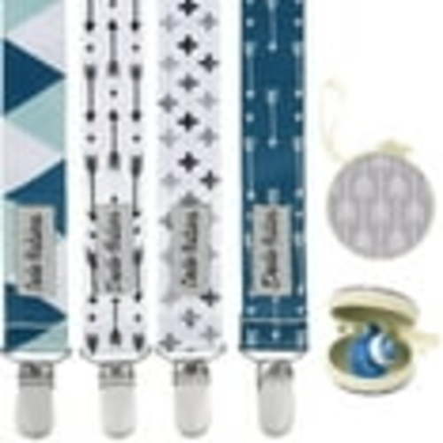 Dodo Babies Silicone Infant Pacifier Clip Set - Universal Holder, Binky Case, Teether Toys, Car Seats - Blue/Teal Prints