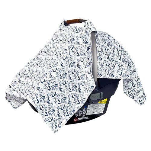 MOZAH Baby Car Seat Cover - Blue Leaves - 100% Organic Muslin - Soft, Breathable and Lightweight, Baby Infant Car Seat Essentials