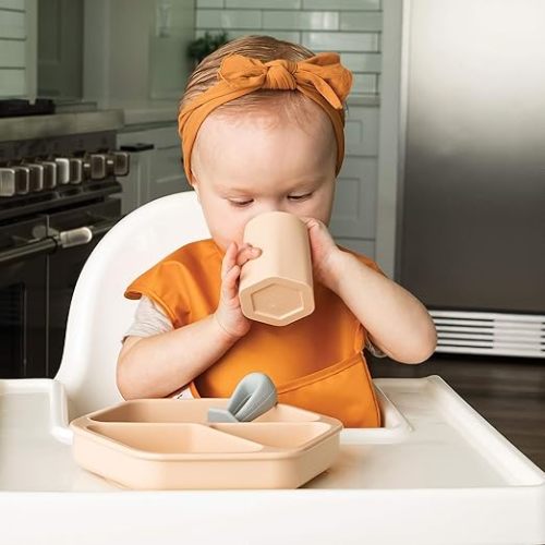 Tiny Twinkle Training Cup 2 Pack - Silicone Cups for Independent Drinking for Baby and Toddler, Baby Led Weaning Supplies Soft Open Cup For Baby (Sand, Coral) - Cups-Sand, Coral