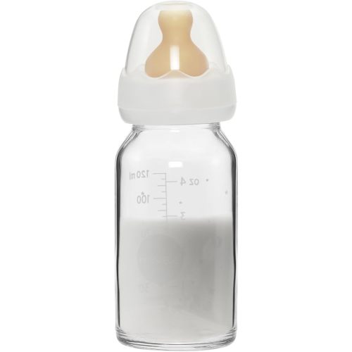 HEVEA Standard Neck Glass Baby Bottles - Natural Rubber Slow Flow Nipples - Anti Colic Baby Bottles for Breastfeeding Babies - Newborn 0+ Months - BPA-Free, Single-Pack (4 Oz)