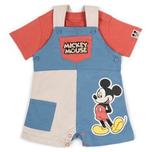 Disney Mickey Mouse Newborn Baby Boys Twill Square Neck Short Overalls and T-Shirt Outfit Set Red / Blue 6-9 Months