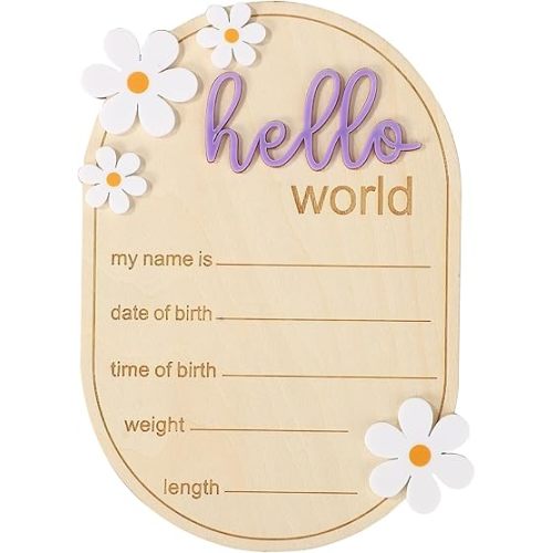 Wooden Newborn Announcement Sign, Hello World Newborn Sign Welcome Baby Name Plaque for Nursery Hospital Photo Prop Home Decoration