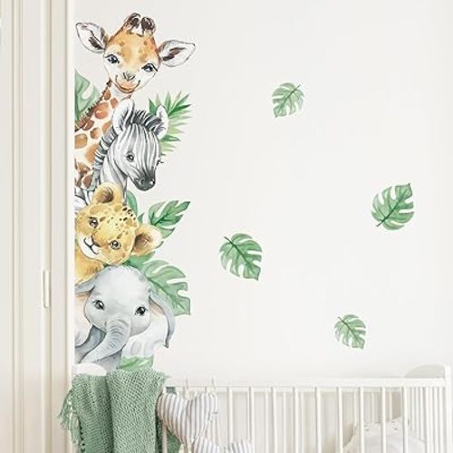 Supzone Jungle Animal Wall Stickers Cartoon Animal Wall Decals Giraffe Zebra Elephant Green Leaves Wall Art Sticker for Kids Baby Nursery Bedroom Playroom Kindergarten Wall Decor