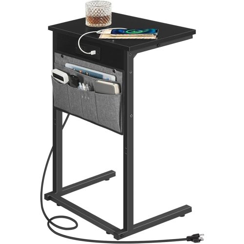 HOOBRO C Shaped End Table with Charging Station, 28" Tall Couch Table for Couch and Recliner for Small Spaces, Slide Under Sofa Table TV Tray with Storage Bag for Living Room, Black BB70USF01