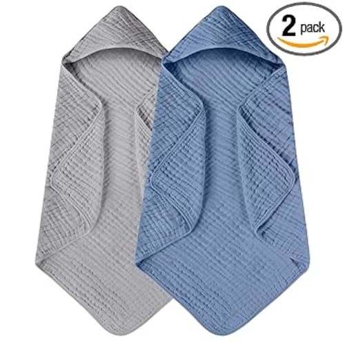 Yoofoss Hooded Baby Towels for Newborn 2 Pack 100% Muslin Organic Cotton Baby Bath Towel with Hood for Babies, Infant, Toddler and Kids, 32x32Inch, Soft and Absorbent Newborn Essential,Grey& Dark Blue