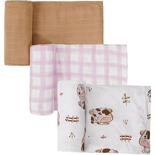 Muslin Swaddle Blankets, 3- Pack, Baby Cow + Pink Plaid Large Receiving Blankets 47" x 43", 70% Rayon Derived from Bamboo, 30% Cotton, Soft & Breathable Muslin Swaddles Wraps