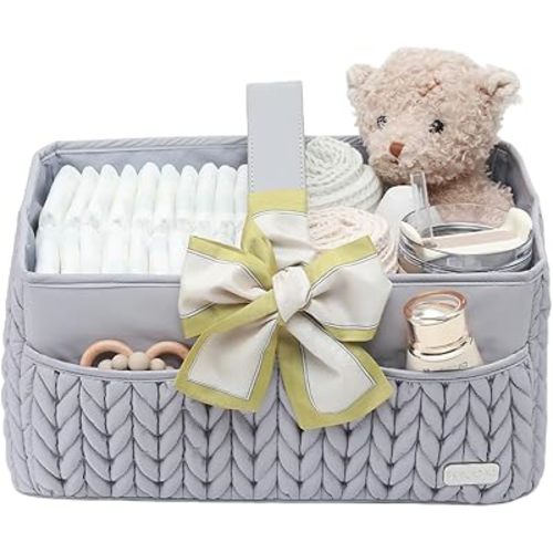 Luxurious Baby Diaper Caddy, Nursery Storage Basket for Newborn Boy and Girl, Travel Baby Basket for Diapers Baby Wipes, Organizer Tote Bag Storage Bin, Baby Shower Gifts (light gray)