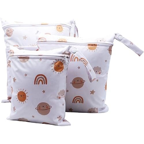 3pcs Cloth Diaper Wet Dry Bags Waterproof Reusable with Two Zippered Pockets Travel Beach Pool Daycare Soiled Baby Items Yoga Gym Bag for Swimsuits or Wet Clothes (3036-3-smallsun)