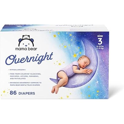 Amazon Brand - Mama Bear Disposable Overnight Baby Diapers, Hypoallergenic, Night Time Protection, Size 3 (86 count), White