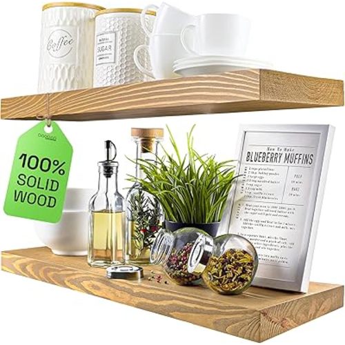 BAOBAB WORKSHOP Natural Wood Floating Shelves for Wall 24 inch - Floating Wall Shelves for Kitchen Bedroom - Wooden Bathroom Shelves - Oak Floating Shelf - 24 x 6.7 Inch, Set of 2