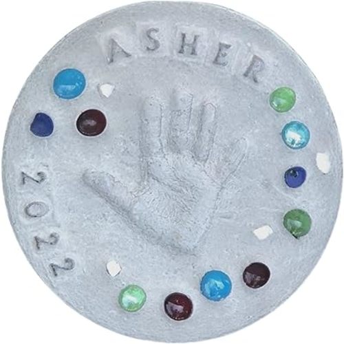 DIY Stepping Stone Kit with Color Pigment, Handprint Stepping Stone, Mother's Day Gift, Footprint Stepping Stone (10 Inch + Stamp Set, Gray)