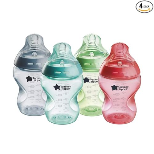 Tommee Tippee Natural Start Anti-Colic BPA Free Baby Bottles, 9oz, Slow-Flow Breast-Like Nipple for a Natural Latch, Designed for Seamless Transitions Between Bottle and Breast, Fiesta, Pack of 4