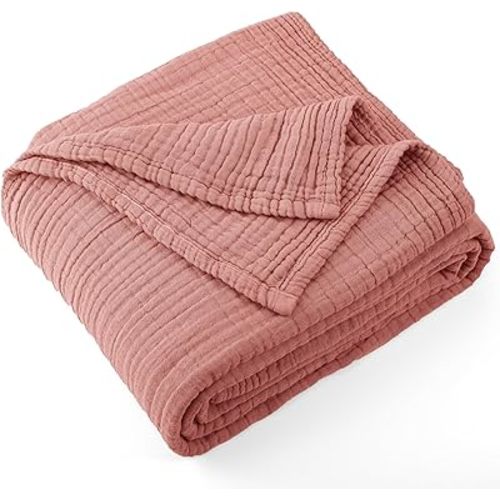Carriediosa 100% Cotton Muslin Throw Blanket 90" X 90" Queen Size，4-Layers Summer Gauze Throws for Bed Couch，Soft Lightweight Breathable Linen Blankets Bedspread for Adults All Season，Mauve