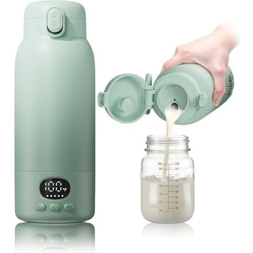 Portable Bottle Warmer - Dual Heating Modes for Breast Milk & Water, 17 Ounces, Fast Heating, Long Lasting Battery, Ideal for Travel, Outdoor, Baby Shower, Light Green