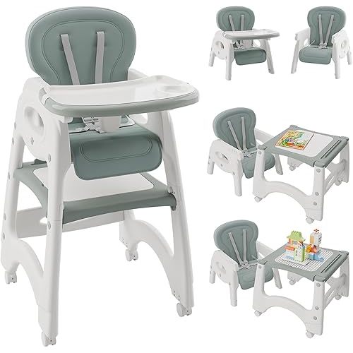 6 in 1 Baby High Chair, Feeding High Chairs for Babies and Toddlers, Convertible Chair with Building Block Table or Study Table, Kids Table and Chair Set, with Dual-Layer Tray, Adjustable Back, Green