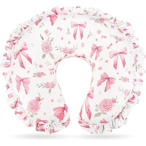 Nursing Pillow Cover for Baby Girl, Soft Stretch Breastfeeding Pillow Cover Pink Floral, Elegant Ruffled Trim & Rose Bow Design for Feeding Moment, Hidden Zipper, Machine Washable