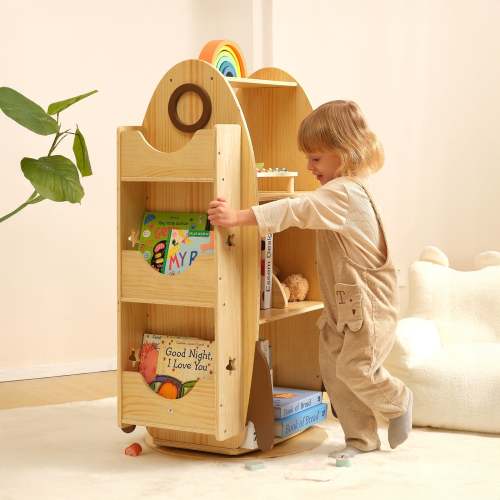 OOOK Rocket Rotating Bookshelf for Kids, 360 Display Spinning Bookshelf Tower