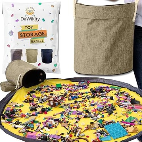 Toy Storage Basket and Play Mat - Building Bricks Toy Storage Organizer - Tidy with Ease - Toy Blocks Mat Storage Bag - Collapsible XL Kids Canvas Bag/Bin - Drawstring Playmat Boy/Girls-15"x14”(BEIGE)